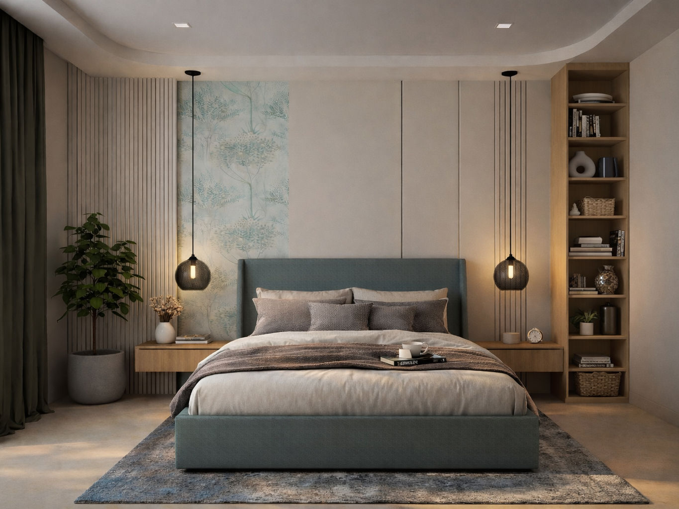 Contemporary bedroom featuring teal accents, botanical wallpaper, and pendant lighting - Beautiful Homes