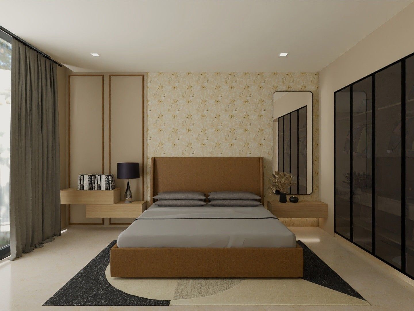 Contemporary bedroom featuring a brown upholstered bed, floating nightstands, and a glass wardrobe - Beautiful Homes