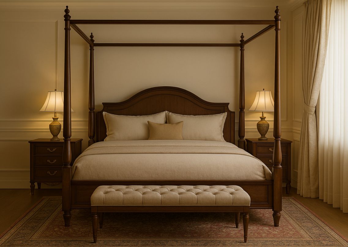 Cozy bedroom with wooden bed and beige décor - Beautiful Homes