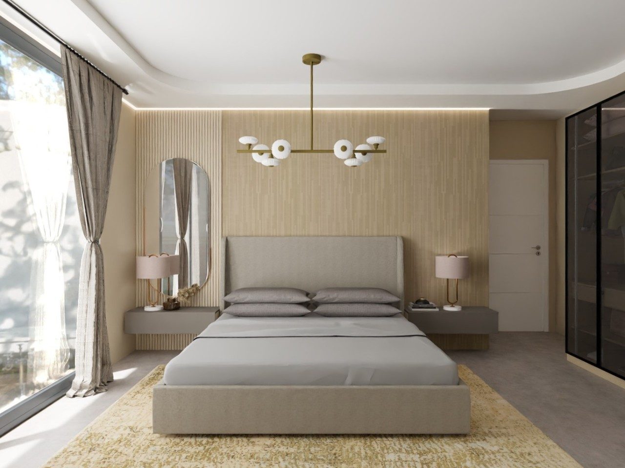 Modern bedroom with grey bed and sliding wardrobe - Beautiful Homes