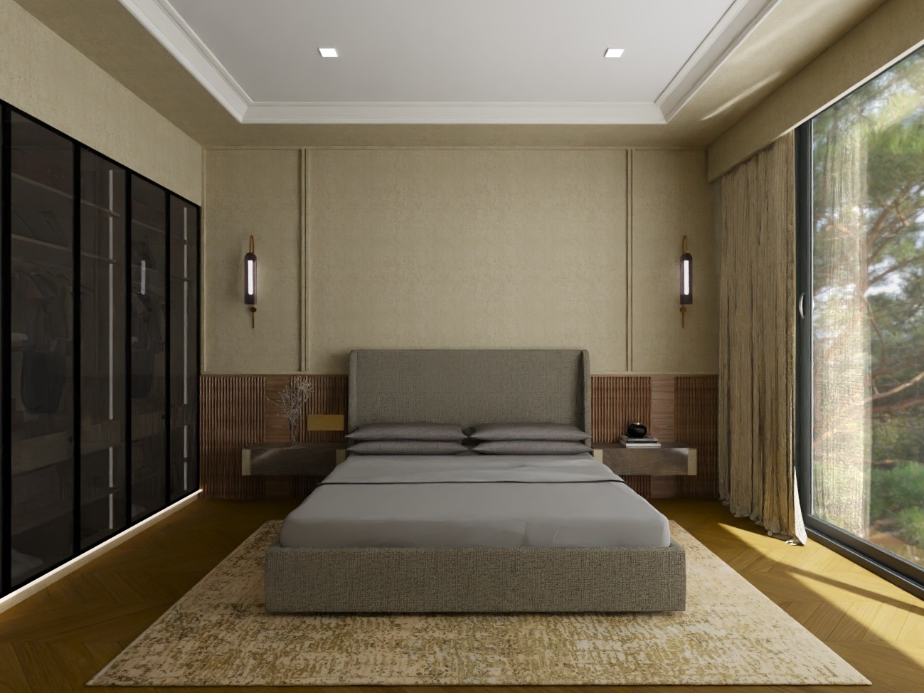 Modern bedroom with upholstered bed and wardrobe - Beautiful Homes