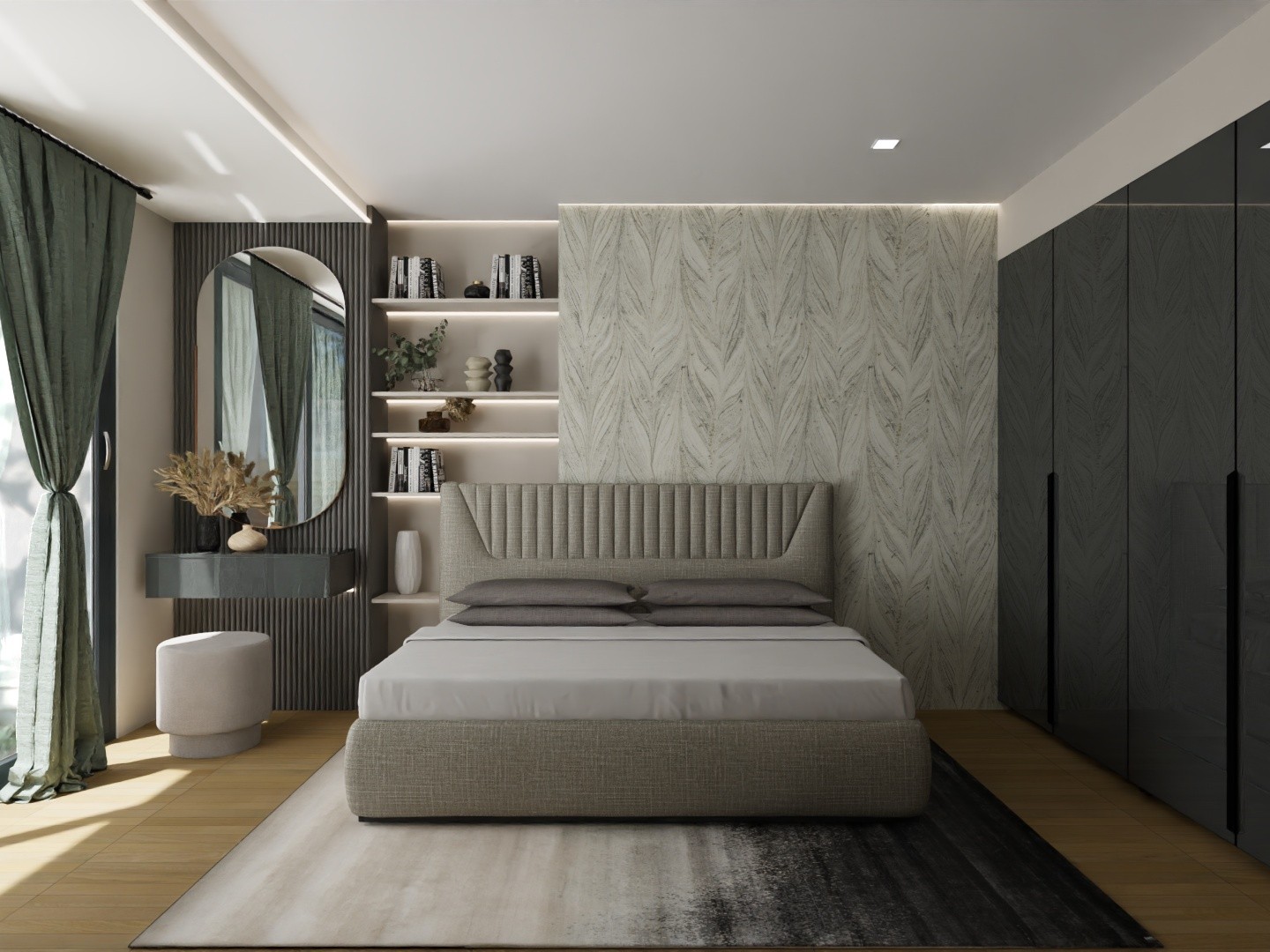 Modern bedroom with grey bed, wall shelves, and wardrobe - Beautiful Homes