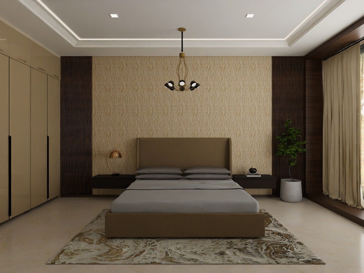 Elegant bedroom featuring a high upholstered headboard, dark wood accents, and soft lighting - Beautiful Homes