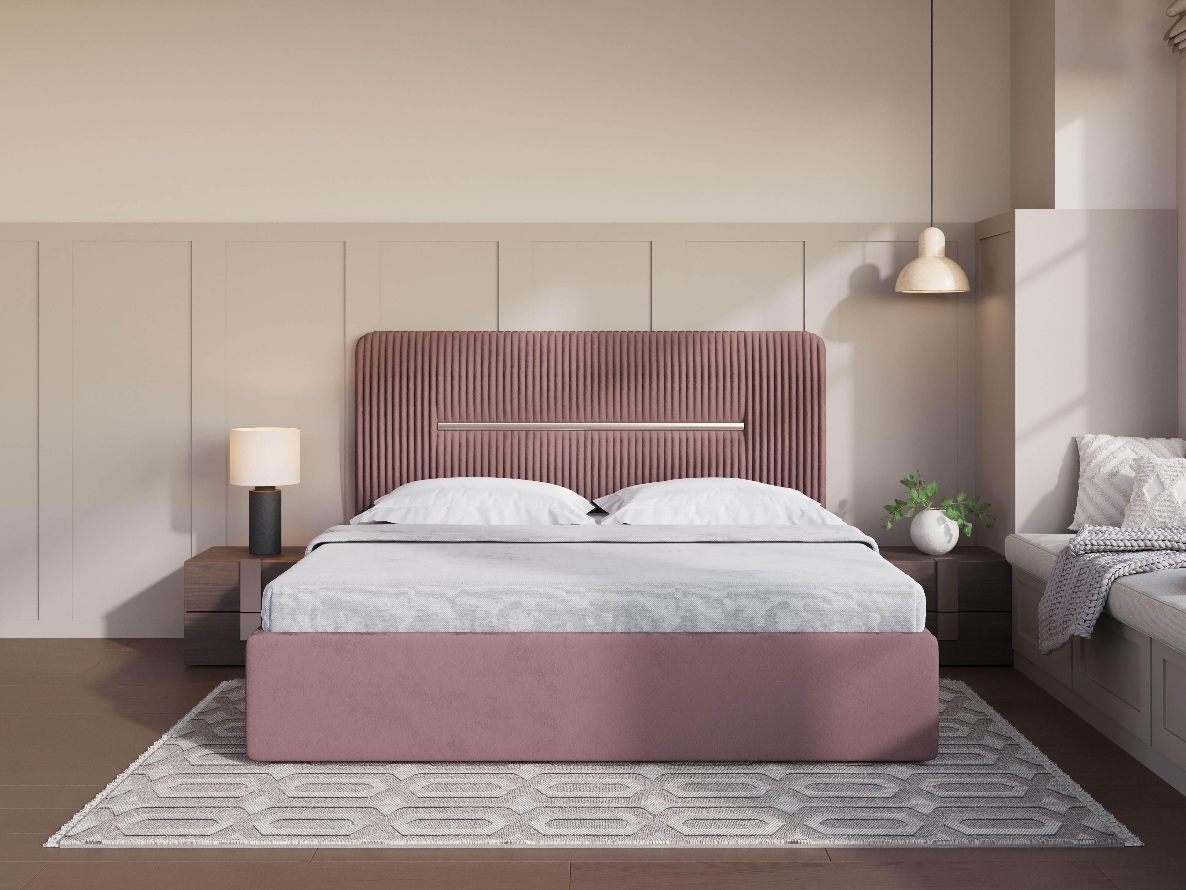 Modern bedroom with upholstered bed and wooden flooring - Beautiful Homes