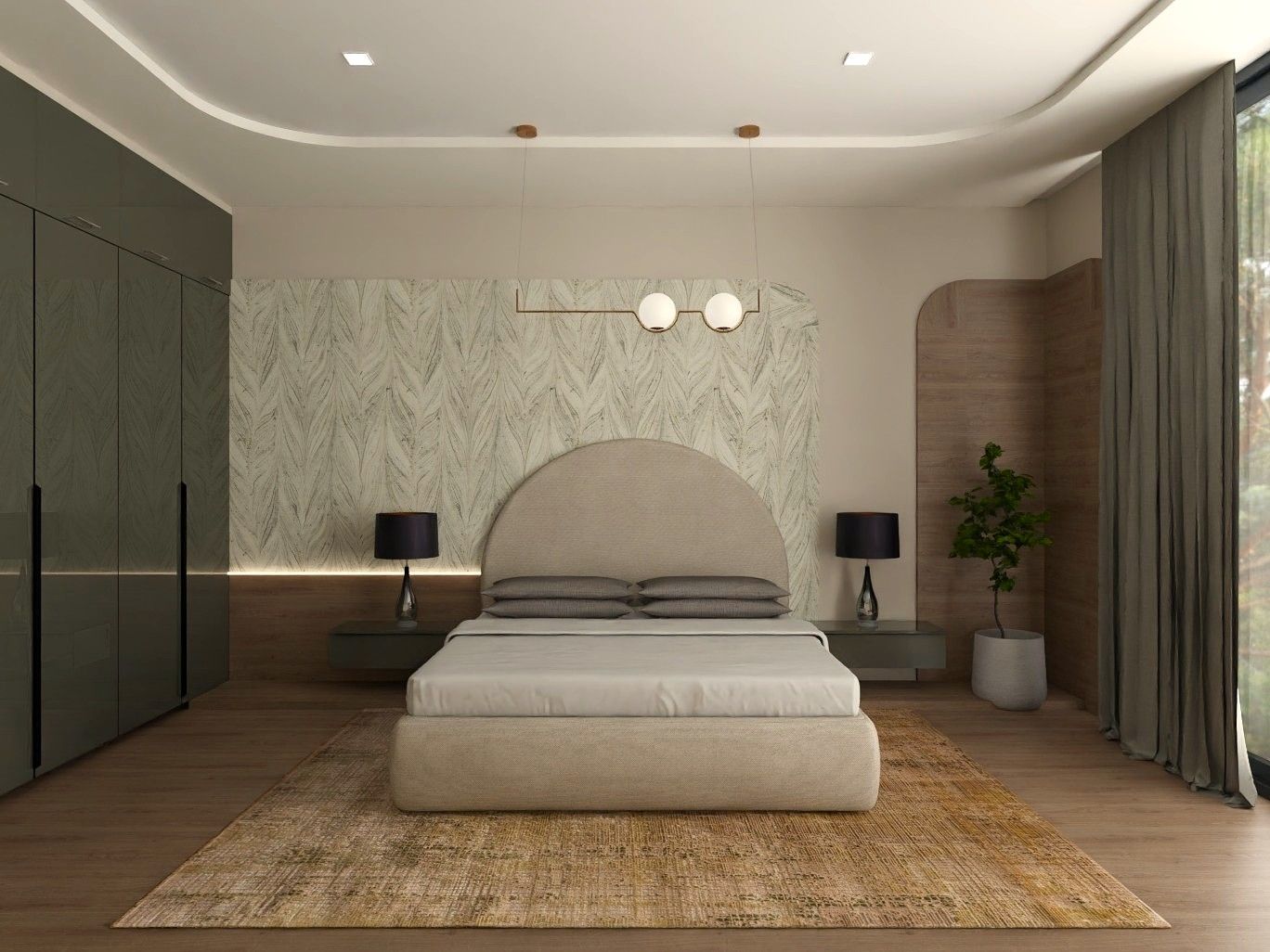 Contemporary bedroom featuring a patterned accent wall, floating nightstands, and warm lighting - Beautiful Homes