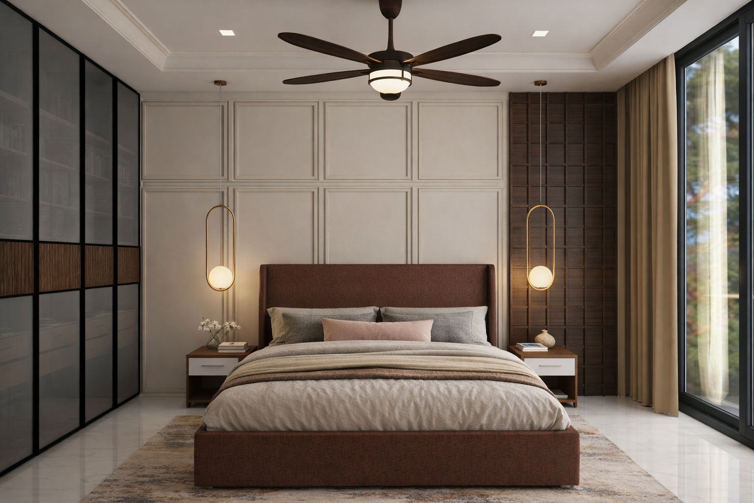 Luxurious bedroom featuring a chocolate-brown bed, gold pendant lights, and marble flooring - Beautiful Homes