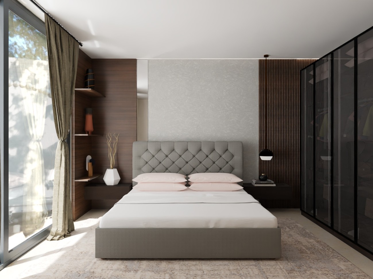 Modern bedroom with tufted bed and glass wardrobe - Beautiful Homes
