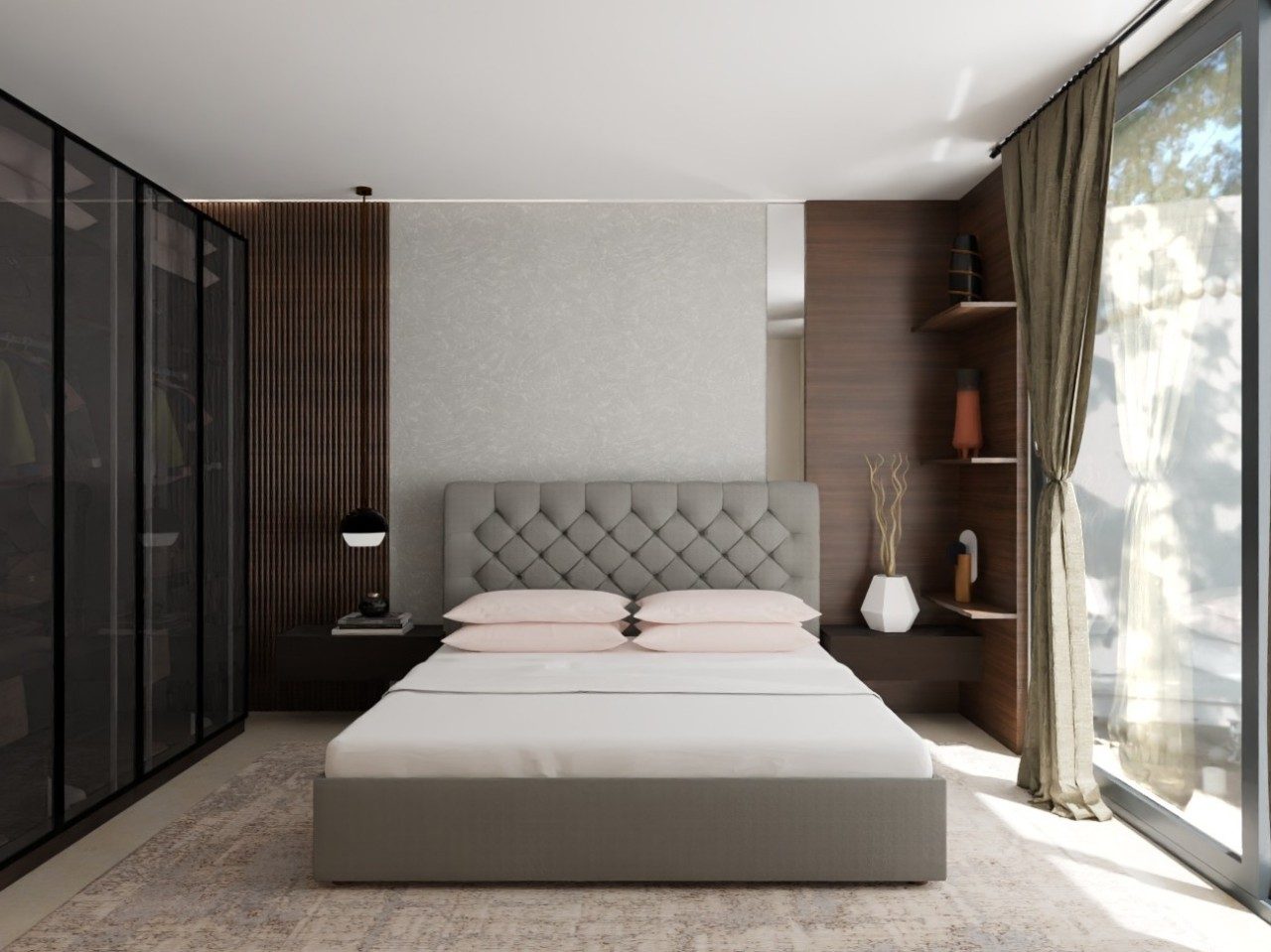 Modern bedroom with tufted bed and glass wardrobe - Beautiful Homes