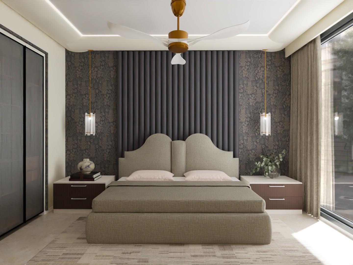 Modern bedroom with grey bed and pendant lights - Beautiful Homes