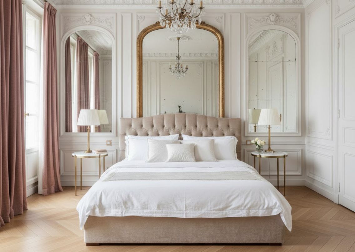 Bedroom with tufted bed and golden mirror - Beautiful Homes