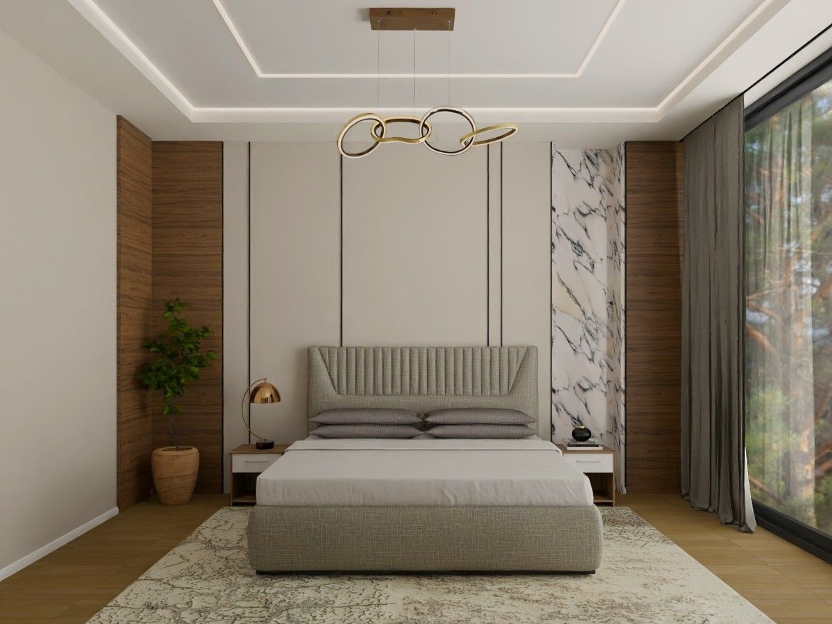 Contemporary bedroom featuring a tufted bed, marble accent wall, and gold chandelier - Beautiful Homes