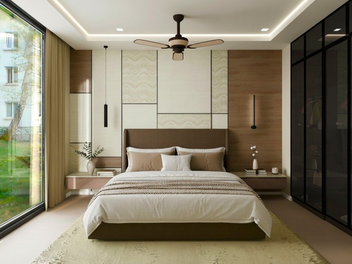 Modern bedroom featuring chevron wall panels, floating nightstands, and warm lighting - Beautiful Homes