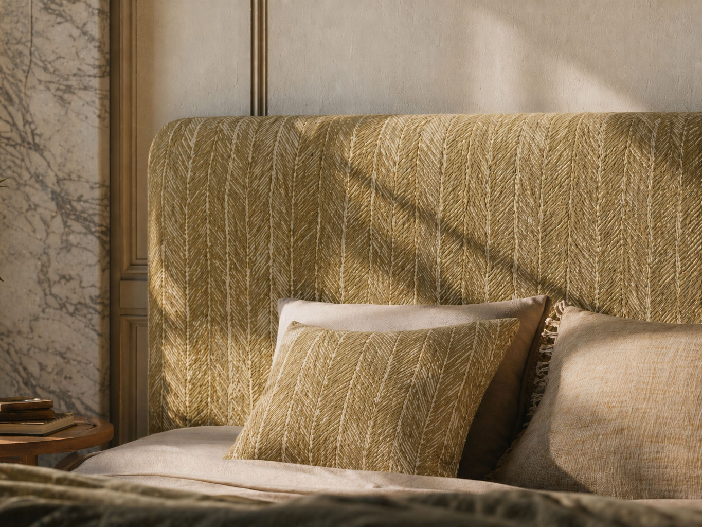Upholstered headboard with a rounded silhouette and olive green chevron-patterned fabric - Beautiful Homes