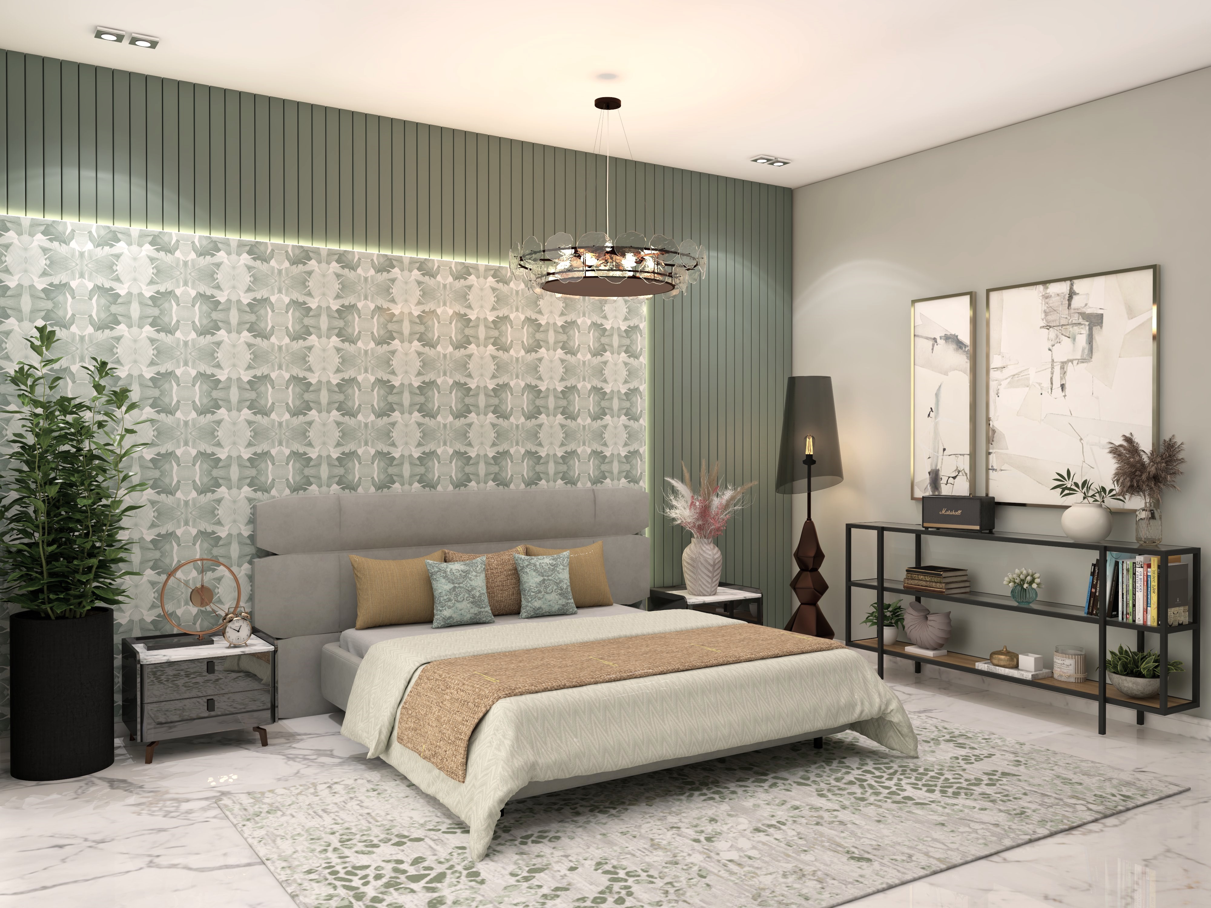 Modern bedroom with grey bed and textured walls - Beautiful Homes