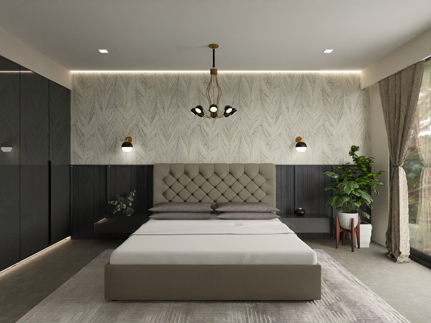 Modern bedroom with tufted headboard and wooden flooring - Beautiful Homes