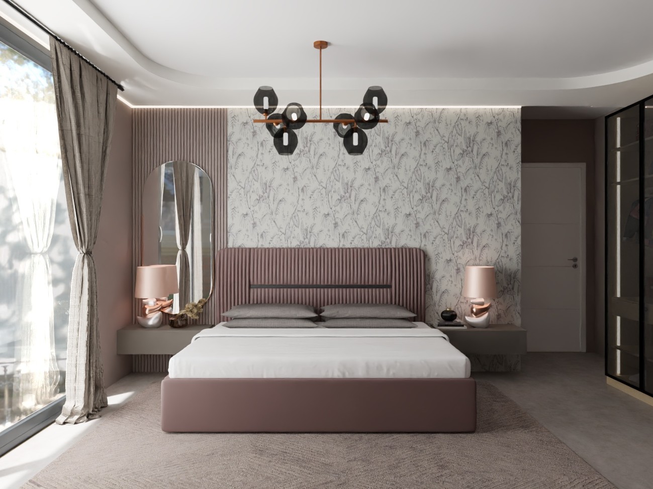 Modern bedroom with floral wall and lighting- Beautiful Homes