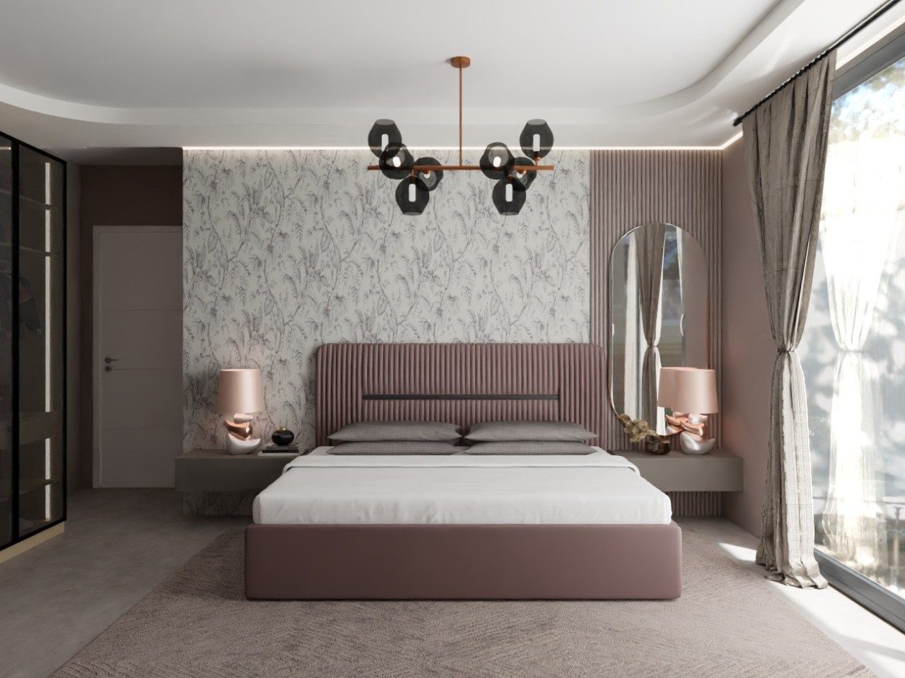 Modern bedroom with floral wall and lighting- Beautiful Homes