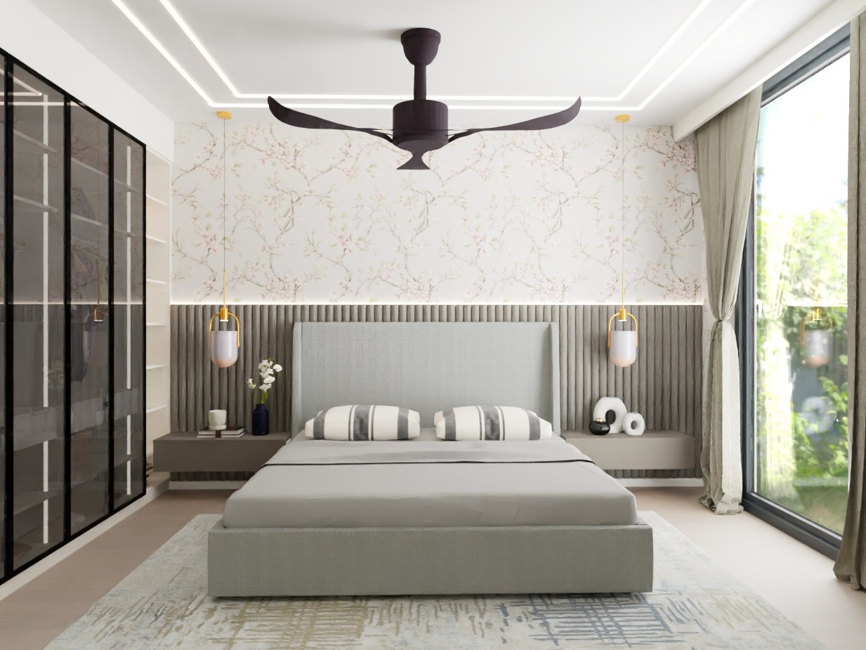 Modern bedroom with grey bed and sliding wardrobe - Beautiful Homes