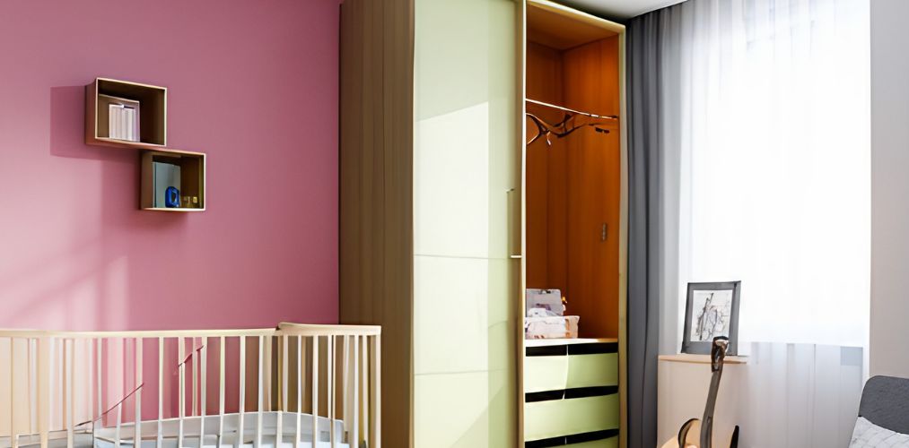 Pink bedroom with green sliding wardrobe and baby dresser-Beautiful Homes