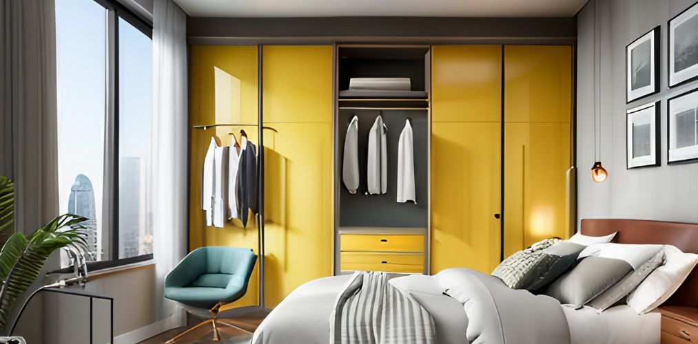 Yellow glass doors with grey walls for master bedroom design-Beautiful Homes