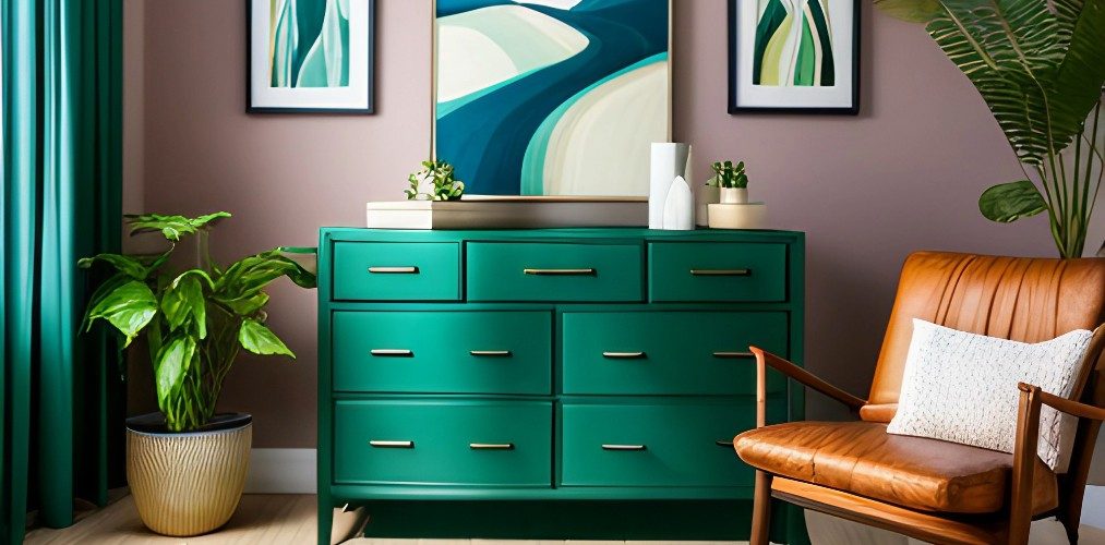 Colorful bedroom with green dresser and pastel wall-Beautiful Homes