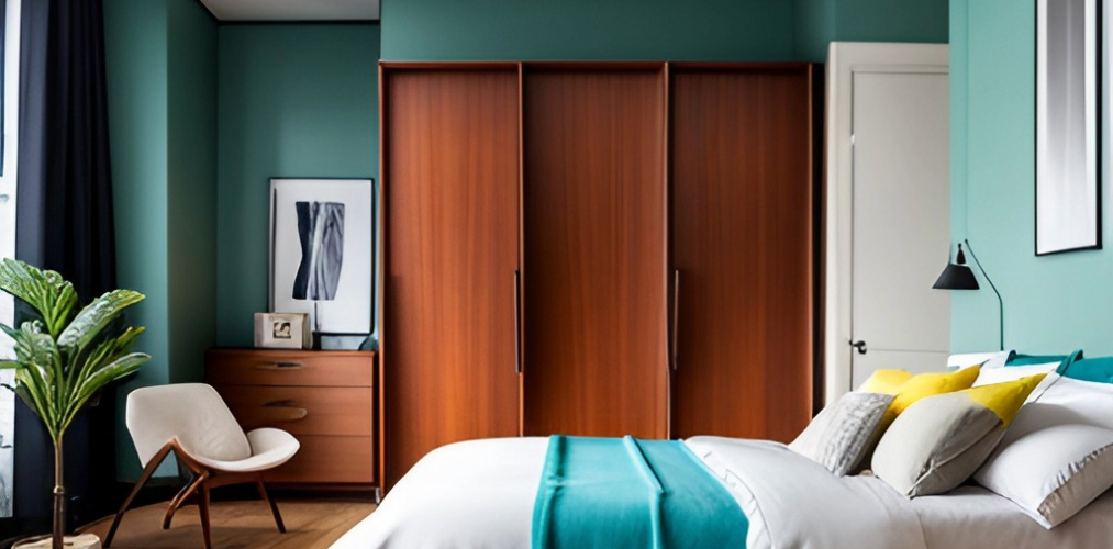 Mint green walls with wooden wardrobe for colorful master bedroom-Beautiful Homes
