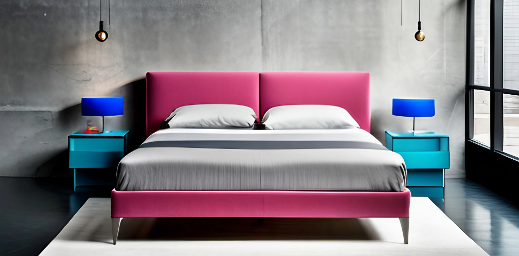 Colorful modern bed with pink upholstery and blue side tables-Beautiful Homes