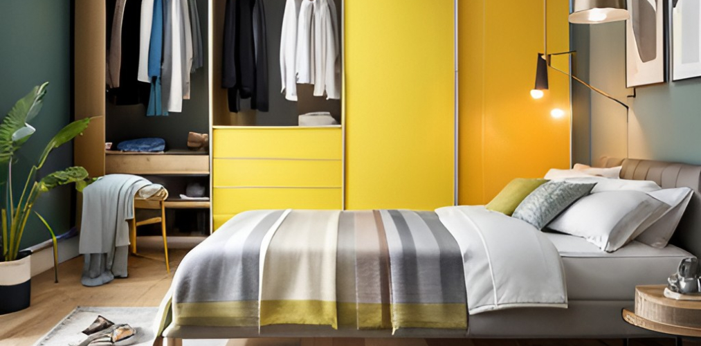 Modern bedroom design with yellow modular wardrobe-BeauifulHomes