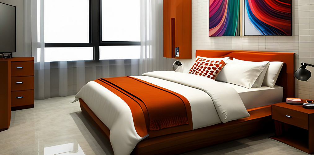 Modern bedroom design in red and vitrified tiles-Beautiful Homes