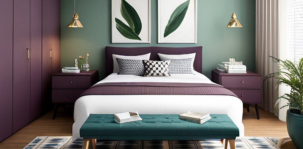 Colorful bedroom with bedside table and footbed bench-Beautiful Homes
