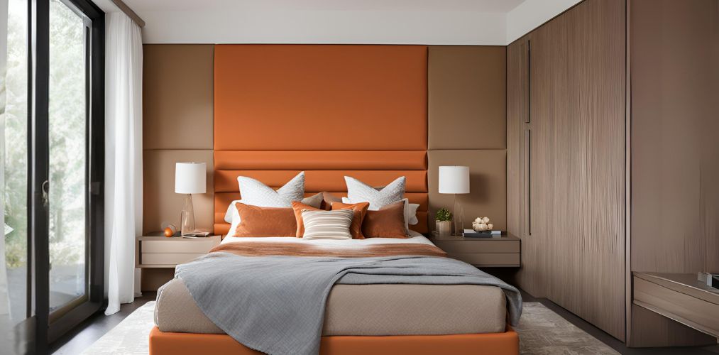 Contemporary bedroom design with orange upholstered bed panel - Beautiful Homes