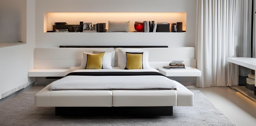 Contemporary bedroom design with white bed and wall niche - Beautiful Homes