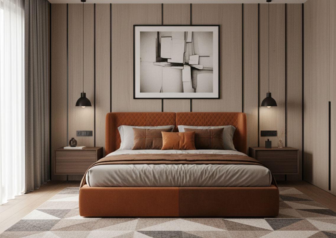 Contemporary bedroom with a dual-tone upholstered bed - Beautiful Homes
