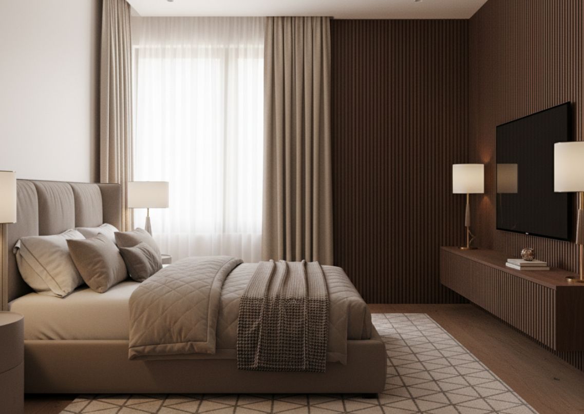 Modern bedroom with beige décor and wooden accents - Beautiful Homes