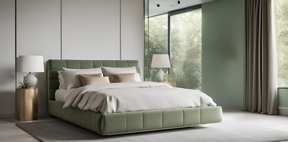 Contemporary bedroom with a sage green king size bed - Beautiful Homes