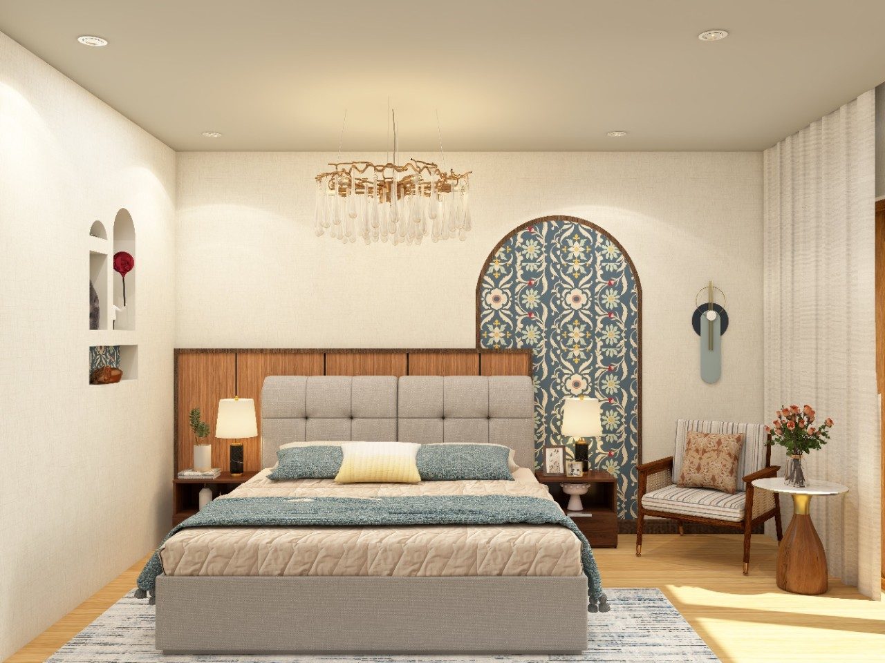 Contemporary bedroom with arched blue floral wallpaper and white walls - Beautiful Homes