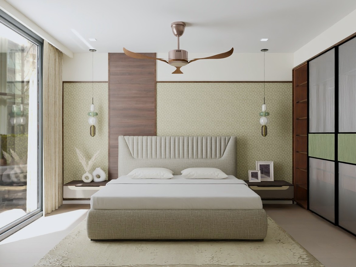 Modern bedroom with beige bed and pendant lights - Beautiful Homes