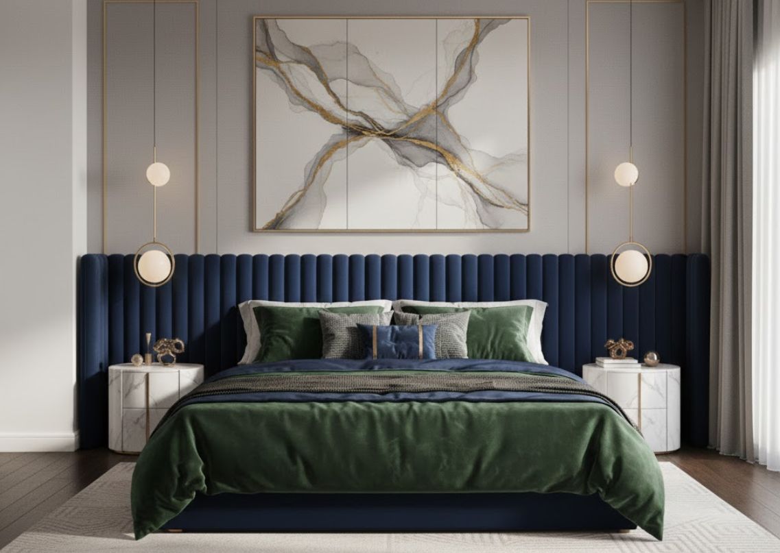 Luxurious bedroom with blue headboard and green bedding - Beautiful Homes