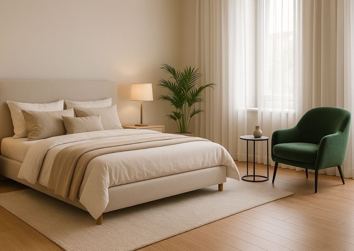 Elegant bedroom with green chair and wooden flooring - Beautiful Homes