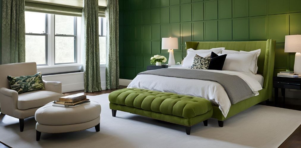 Contemporary bedroom with green panelled accent wall - Beautiful Homes