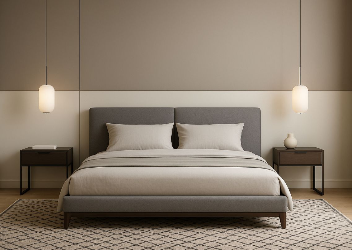 Modern bedroom with wooden walls and neutral décor - Beautiful Homes
