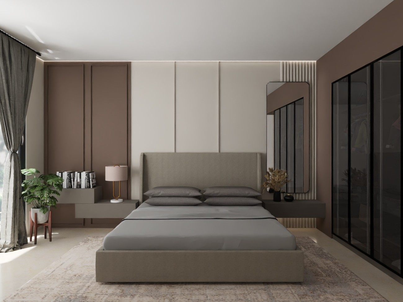 Modern bedroom with neutral tones and glass wardrobe - Beautiful Homes