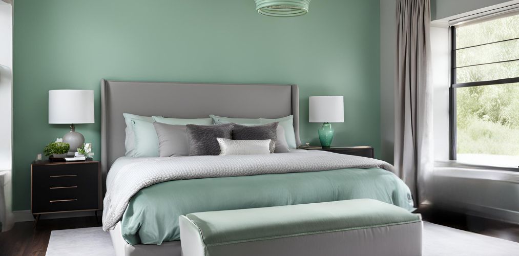 Contemporary bedroom with grey upholstered bed and mint green wall - Beautiful Homes