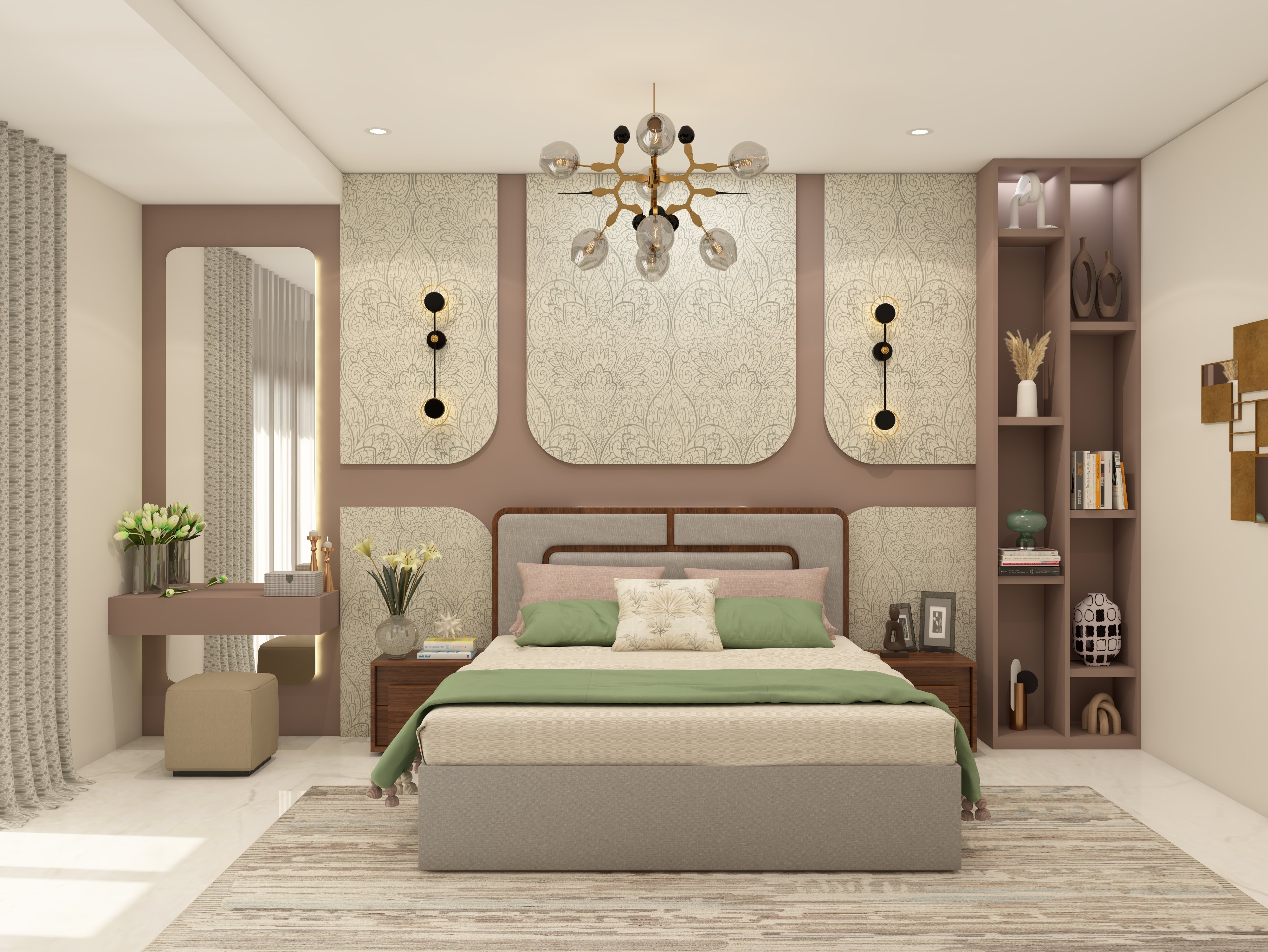 Contemporary bedroom with grey upholstered bed and white motif wallpaper - Beautiful Homes