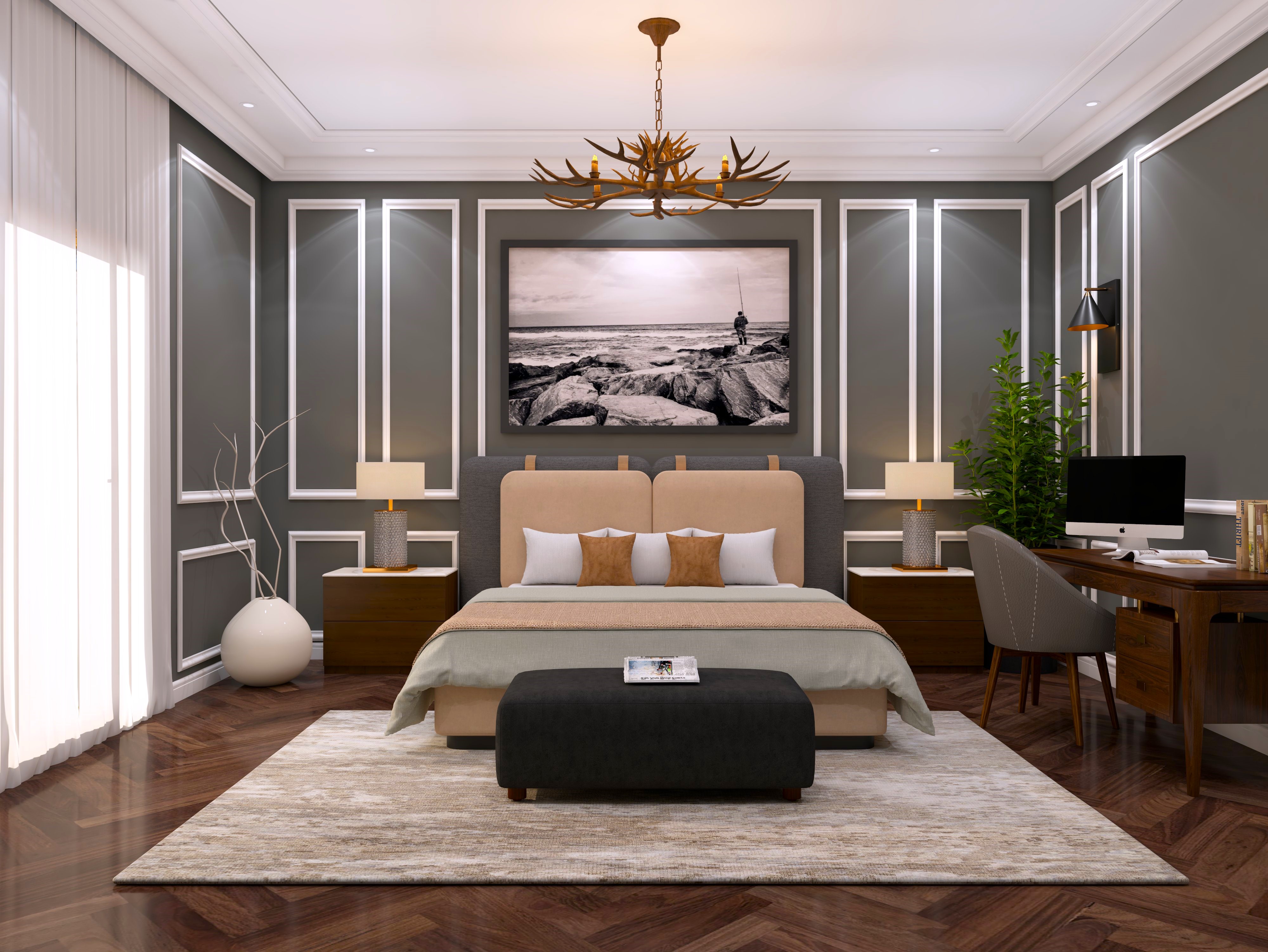Modern bedroom with grey bed and wooden floor - Beautiful Homes