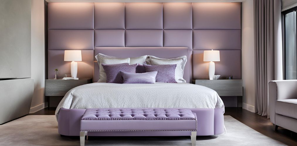 Contemporary bedroom with lavender upholstered bed and wall panel - Beautiful Homes