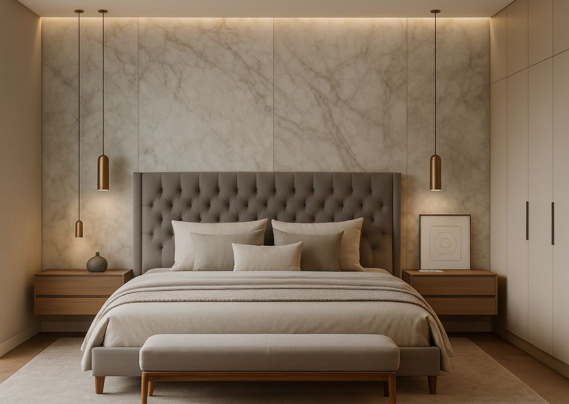 Contemporary bedroom with marble accent wall and tufted grey headboard - Beautiful Homes