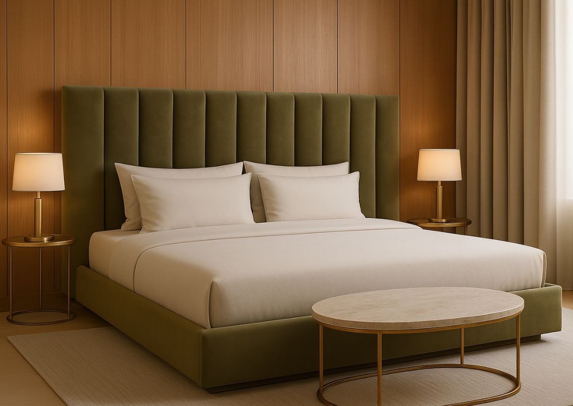 Modern bedroom with grey bed and pendant lights - Beautiful Homes