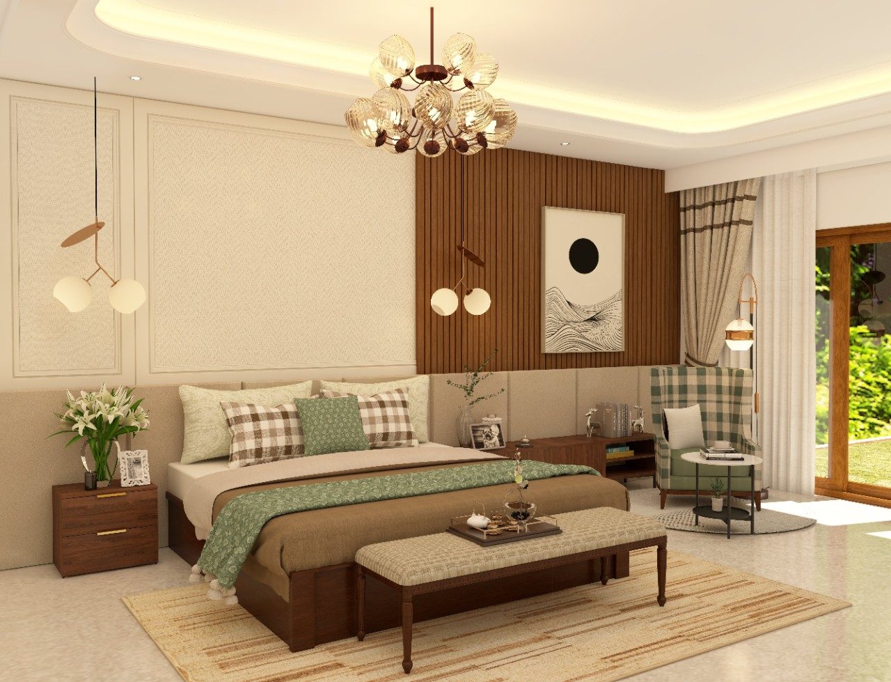 Contemporary bedroom with Royal wooden furniture and armchair with checked upholstery - Beautiful Homes