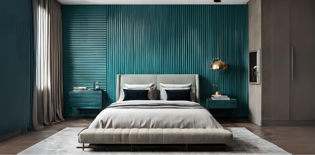 Contemporary bedroom with teal fluted panelled accent wall - Beautiful Homes